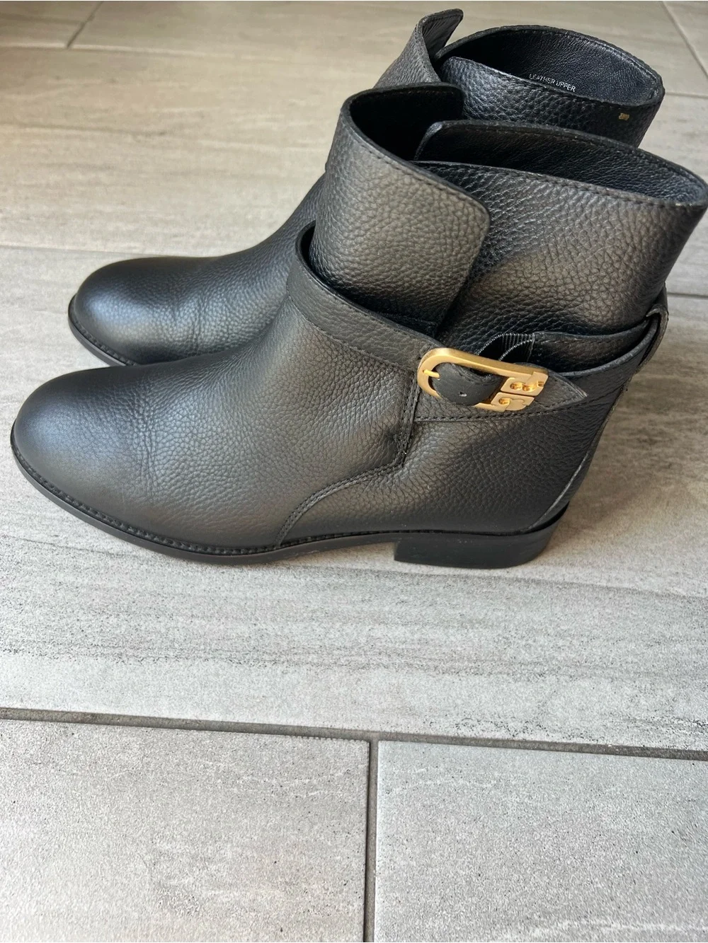 Tory Burch Black Leather Ankle Booties with Gold Buckle Accent
